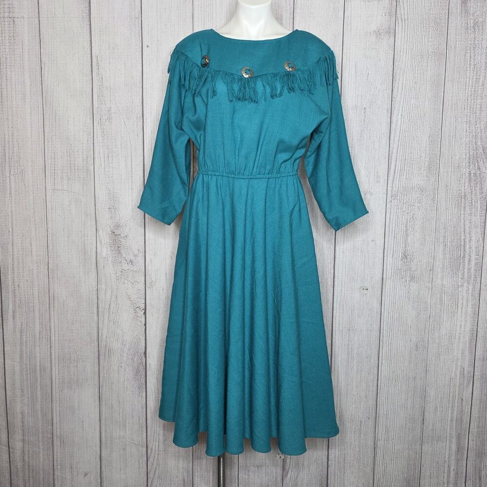 Vintage Sun Country Togs Teal Western Dress M Concho Fringe Dolman USA